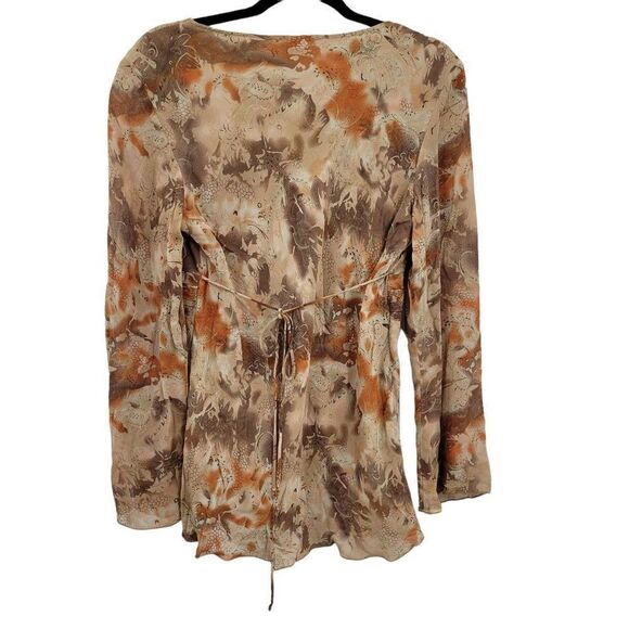 90s Top Boho Country V-neck Tie Back Waist Sheer Long Sleeve Burnt Paisley Sz M - Picture 2 of 9